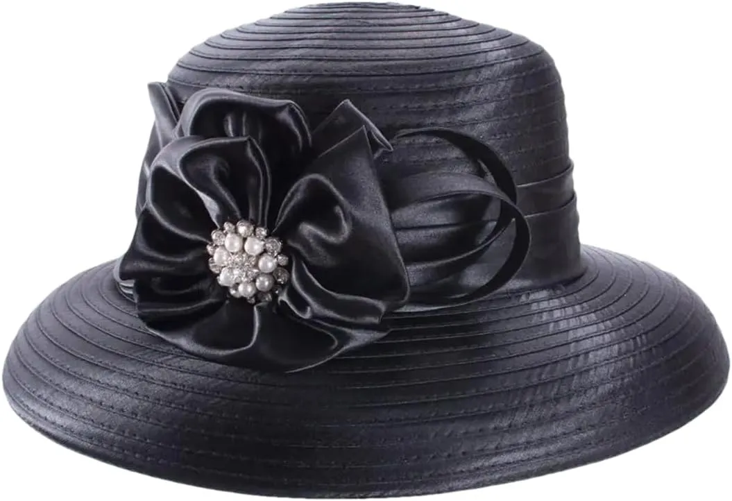 JNKIHAPOT Womens Crystal Satin Ribbon Dressy Church Bridal Hat Fedoras