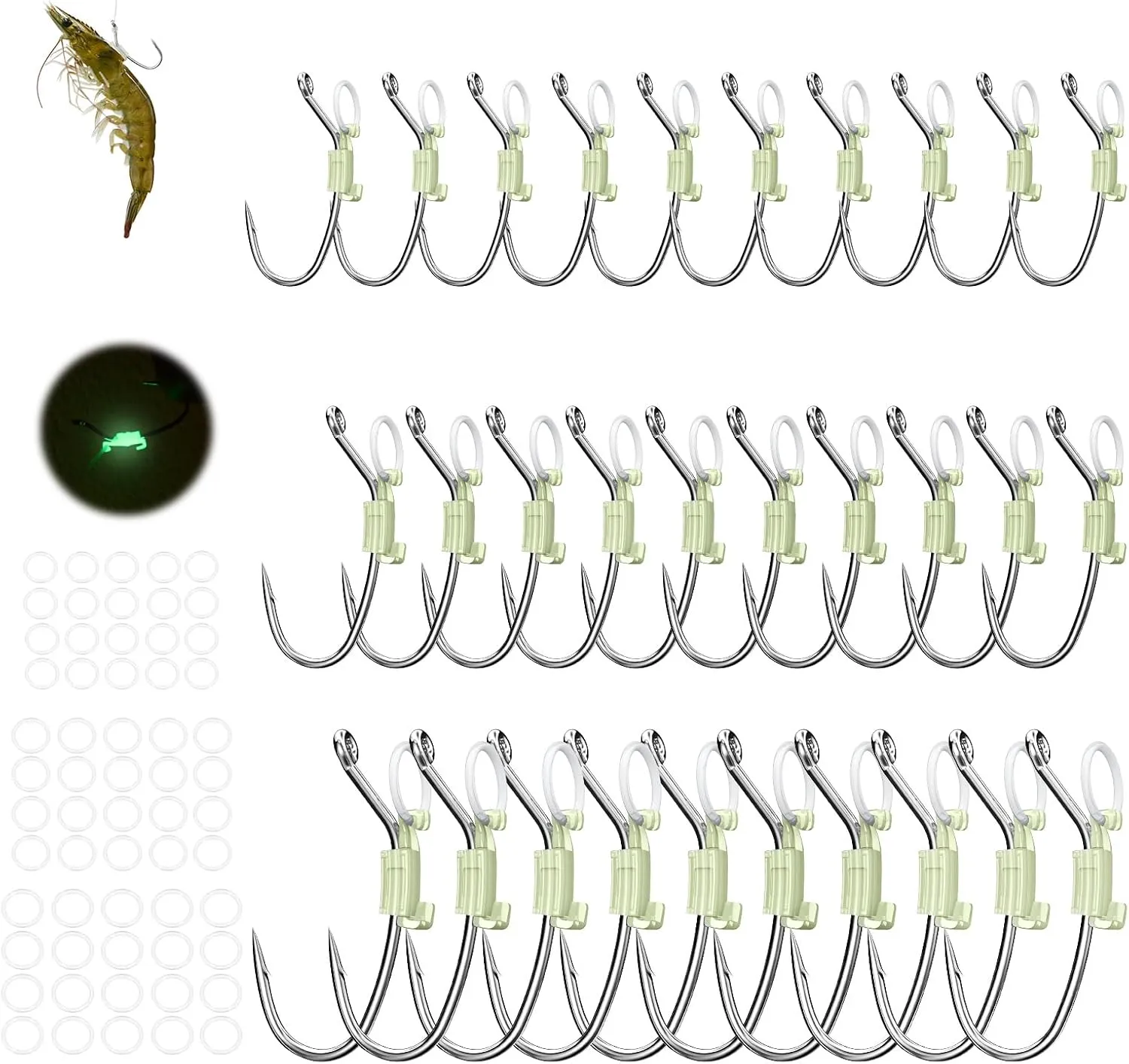 KANAMA Luminous Live Shrimp Hooks - High Carbon Steel Fishing Hooks Saltwater Corrosion Resistant Barbed Strong Hooks Freshwater Shrimp Walker, Ideal for Bass, Groupers, Pike, Catfish & More