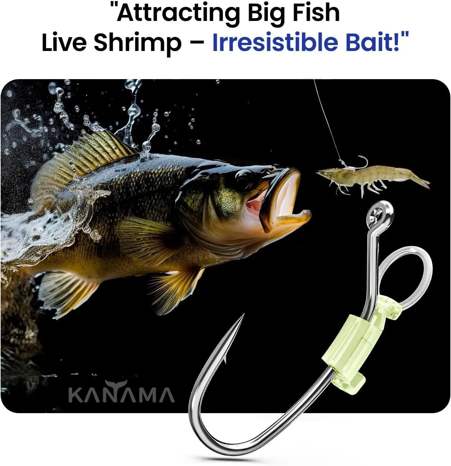 KANAMA Luminous Live Shrimp Hooks - High Carbon Steel Fishing Hooks Saltwater Corrosion Resistant Barbed Strong Hooks Freshwater Shrimp Walker, Ideal for Bass, Groupers, Pike, Catfish & More