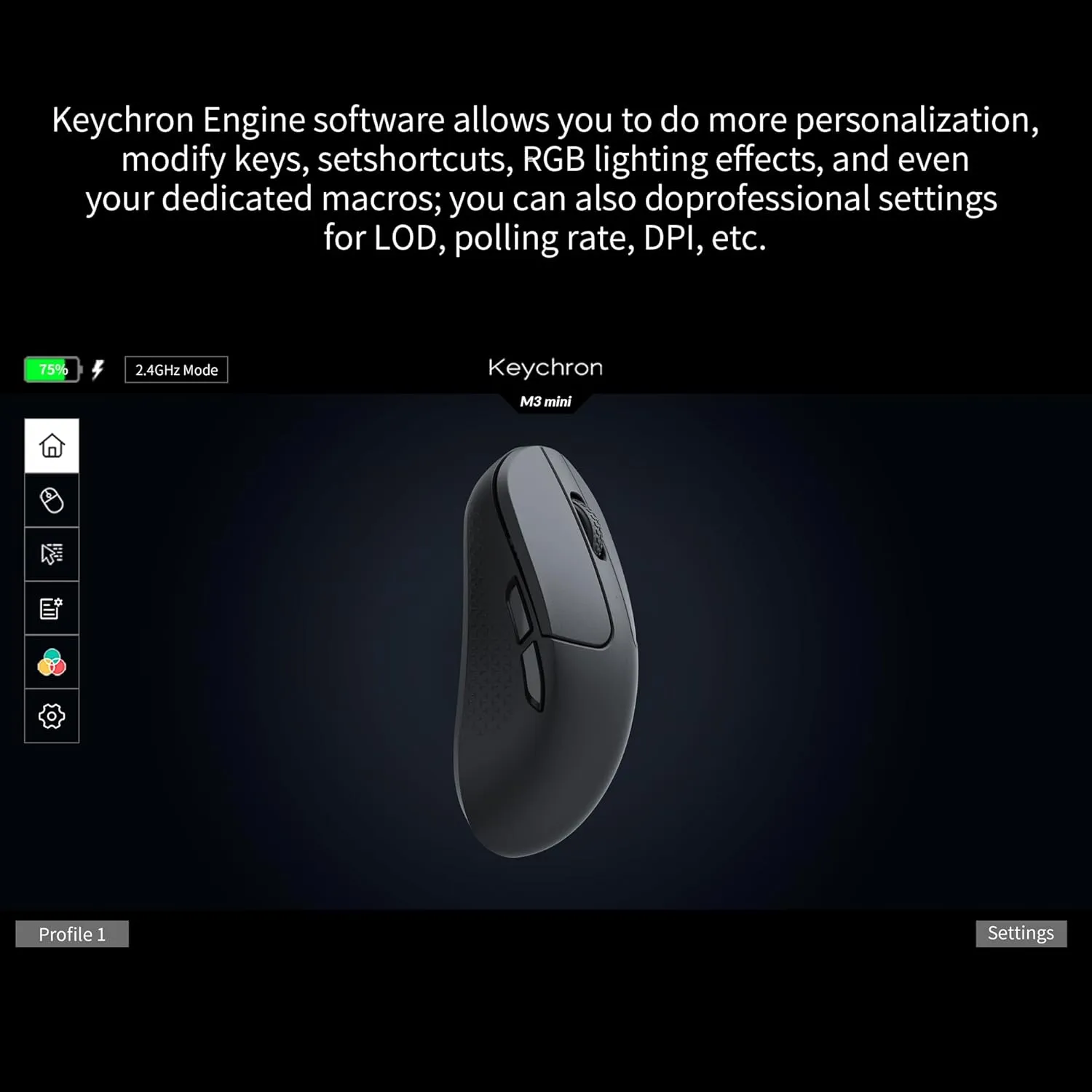 Keychron M3 Mini Wireless Optical Mouse, Bluetooth 5.1/2.4 GHz/Wired Gaming Mouse, Programmable PixArt 3395 Sensor with up to 26,000 DPI/ 650 IPS, Lightweight Ergonomic for Windows Mac Linux - Black