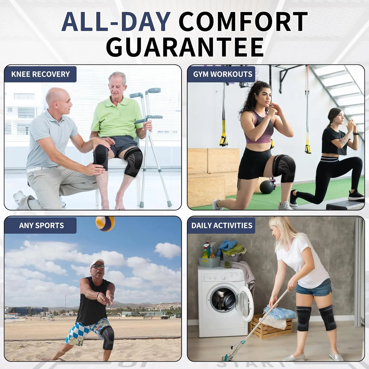 Knee Braces with Strap for Knee Pain, [2 Pack] Knee Compression Sleeve for Men and Women, Knee Support for Running Weightlifting Basketball Gym Fitness, Meniscus Tear Arthritis Joint Pain Relief etc