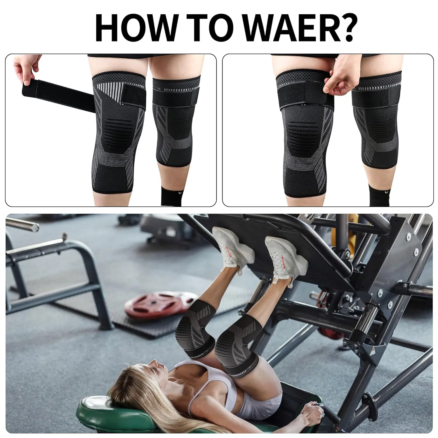 Knee Braces with Strap for Knee Pain, [2 Pack] Knee Compression Sleeve for Men and Women, Knee Support for Running Weightlifting Basketball Gym Fitness, Meniscus Tear Arthritis Joint Pain Relief etc