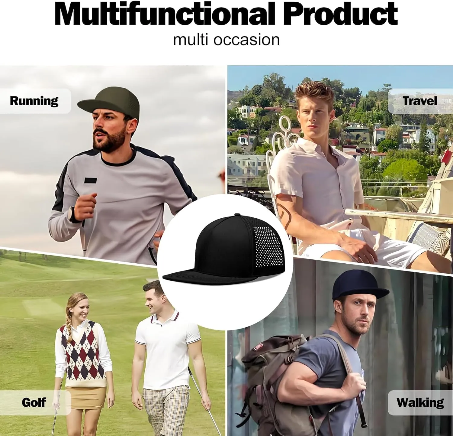 LiuSuper M/L/XL/XXL Flat Brim 5 Panel Hats for Men Performance Mens Snapback Hats Quick Dry Laser Perforated Baseball Cap