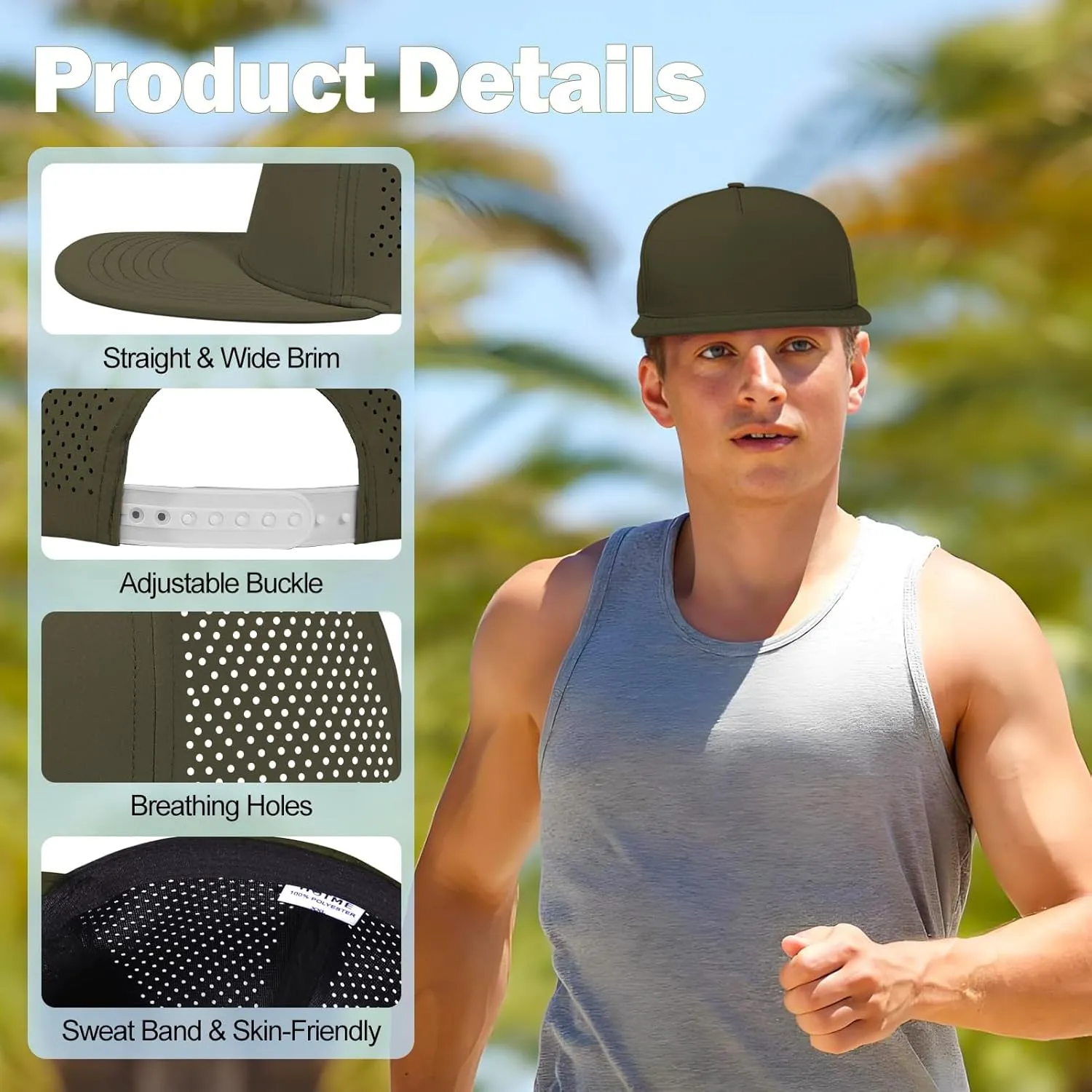 LiuSuper M/L/XL/XXL Flat Brim 5 Panel Hats for Men Performance Mens Snapback Hats Quick Dry Laser Perforated Baseball Cap