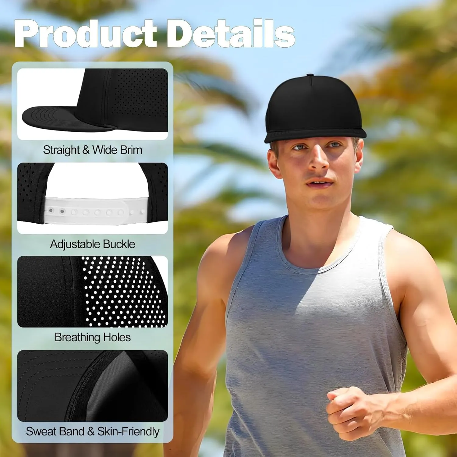 LiuSuper M/L/XL/XXL Flat Brim 5 Panel Hats for Men Performance Mens Snapback Hats Quick Dry Laser Perforated Baseball Cap