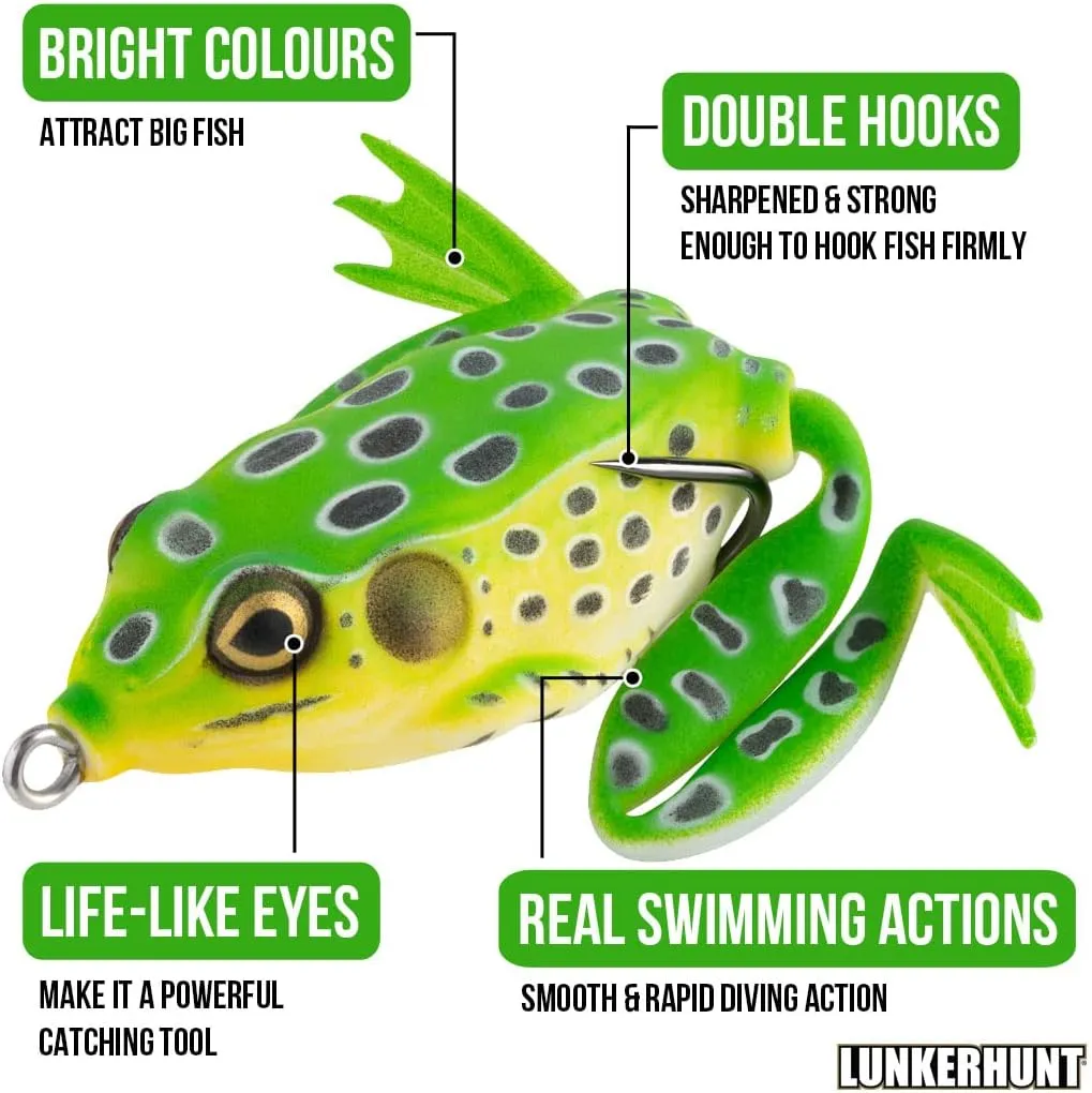 Lunkerhunt - Lunker Frog Fishing Lure | Award Winning Realistic Topwater Frog Lure for Fishing Bass, Trout and Pike | Freshwater Fish Bait with Hollow Body, Weedless Hooks