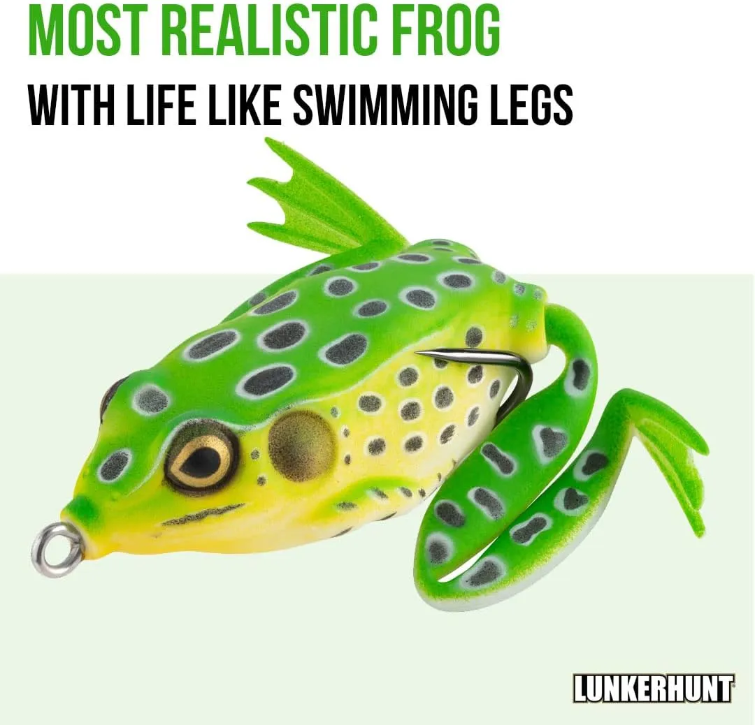 Lunkerhunt - Lunker Frog Fishing Lure | Award Winning Realistic Topwater Frog Lure for Fishing Bass, Trout and Pike | Freshwater Fish Bait with Hollow Body, Weedless Hooks