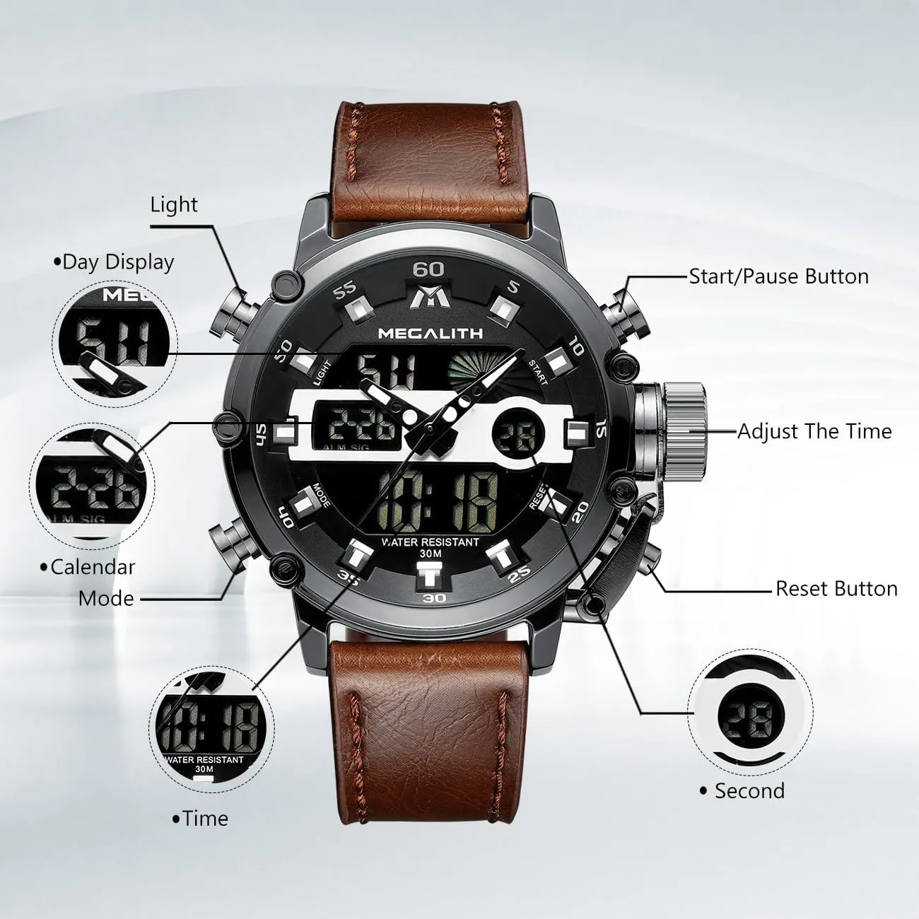 MEGALITH Mens Watches Waterproof Digital Military Sport Tactical Multifunction Heavy Duty Led Rugged Watch for Men, Alarm Stopwatch, Nylon/Leather Strap