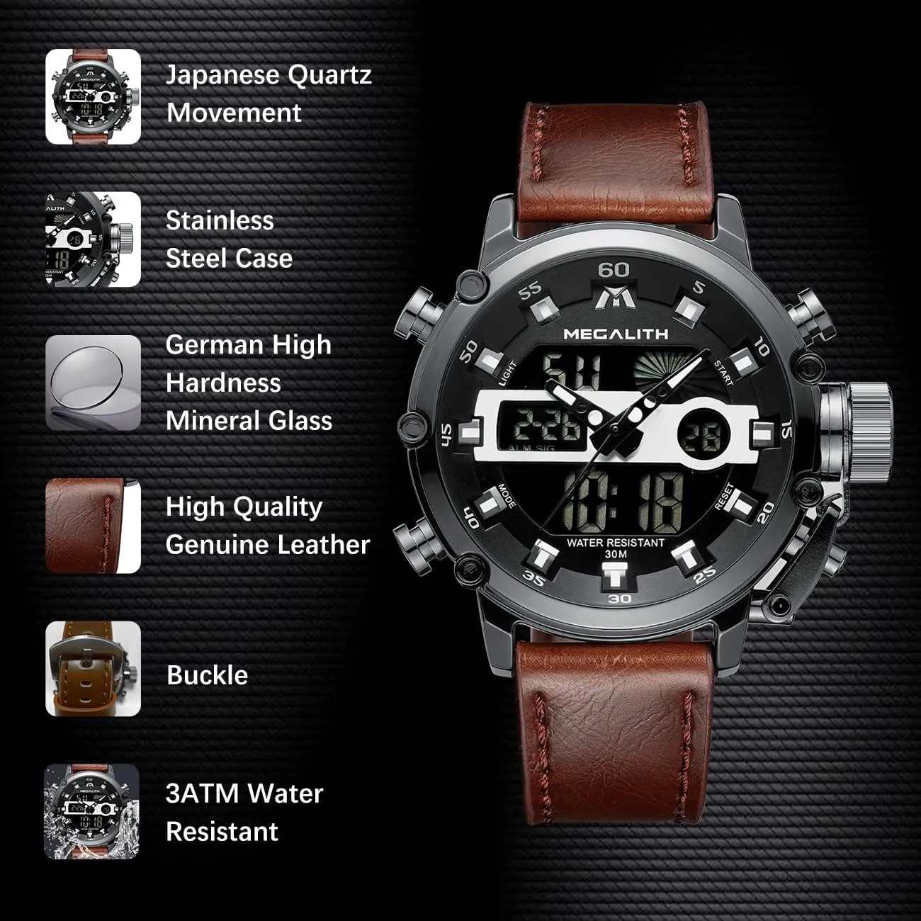MEGALITH Mens Watches Waterproof Digital Military Sport Tactical Multifunction Heavy Duty Led Rugged Watch for Men, Alarm Stopwatch, Nylon/Leather Strap