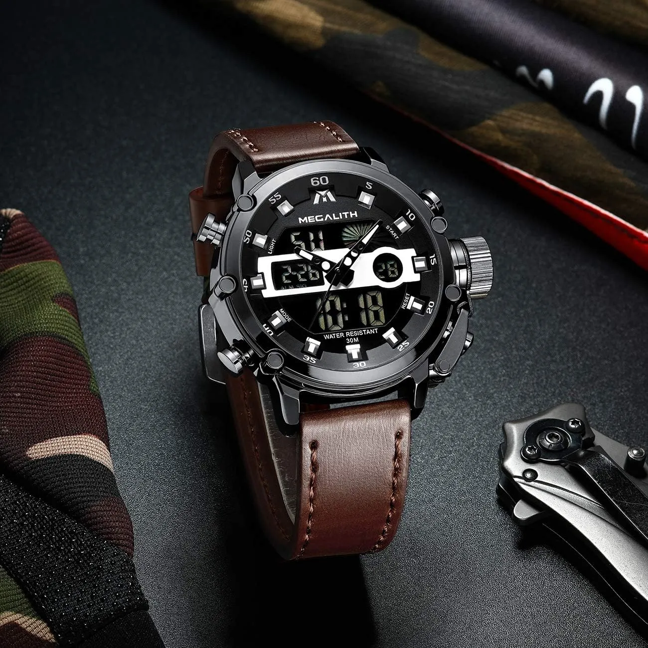 MEGALITH Mens Watches Waterproof Digital Military Sport Tactical Multifunction Heavy Duty Led Rugged Watch for Men, Alarm Stopwatch, Nylon/Leather Strap