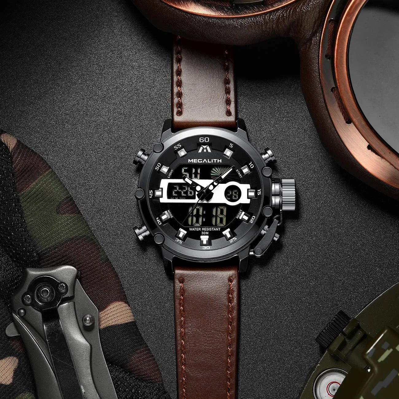 MEGALITH Mens Watches Waterproof Digital Military Sport Tactical Multifunction Heavy Duty Led Rugged Watch for Men, Alarm Stopwatch, Nylon/Leather Strap