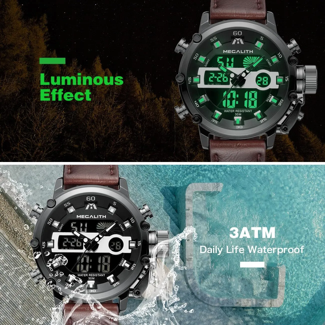 MEGALITH Mens Watches Waterproof Digital Military Sport Tactical Multifunction Heavy Duty Led Rugged Watch for Men, Alarm Stopwatch, Nylon/Leather Strap