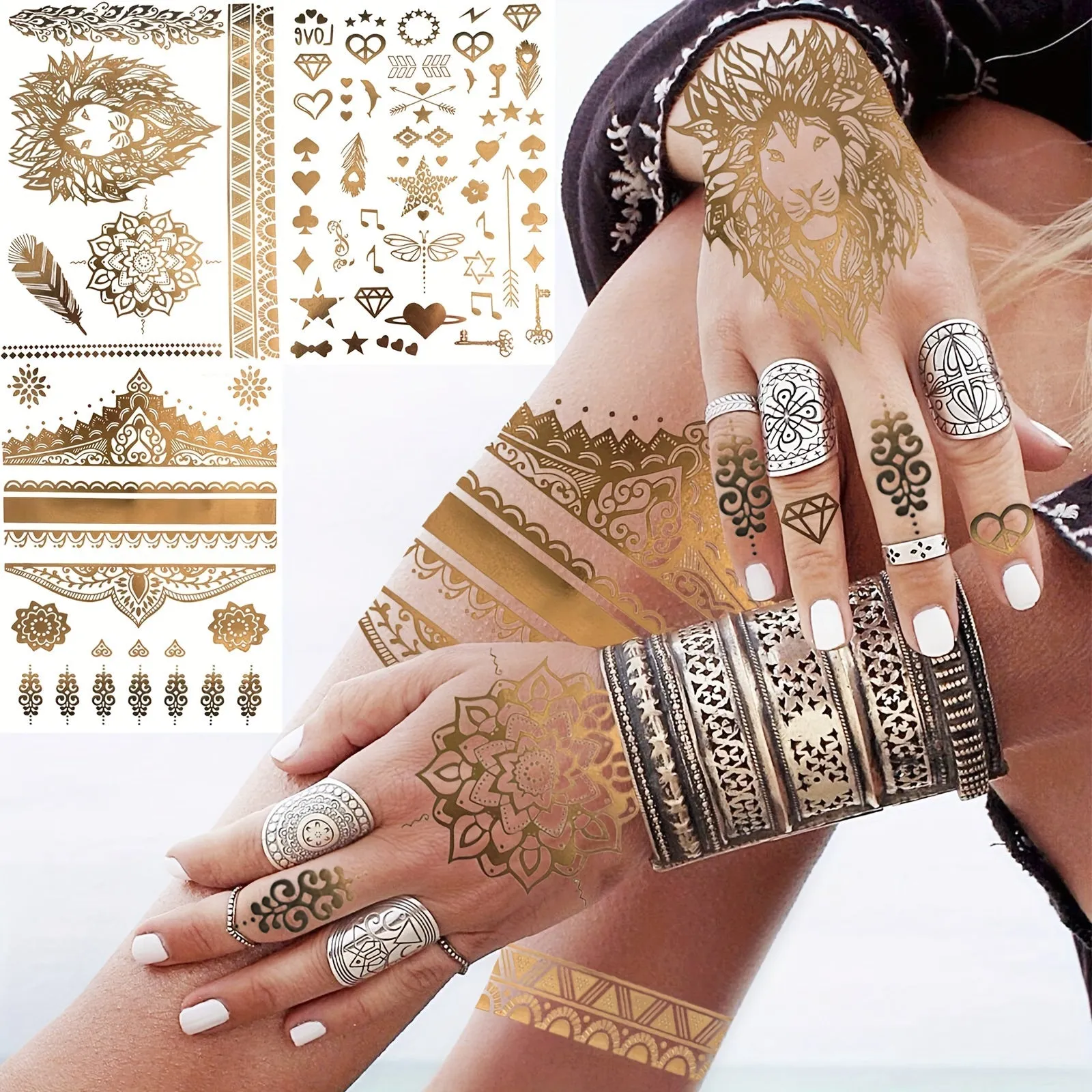 Metallic Temporary Tattoos in Golden - Waterproof Body Art Decals - 9-Sheet