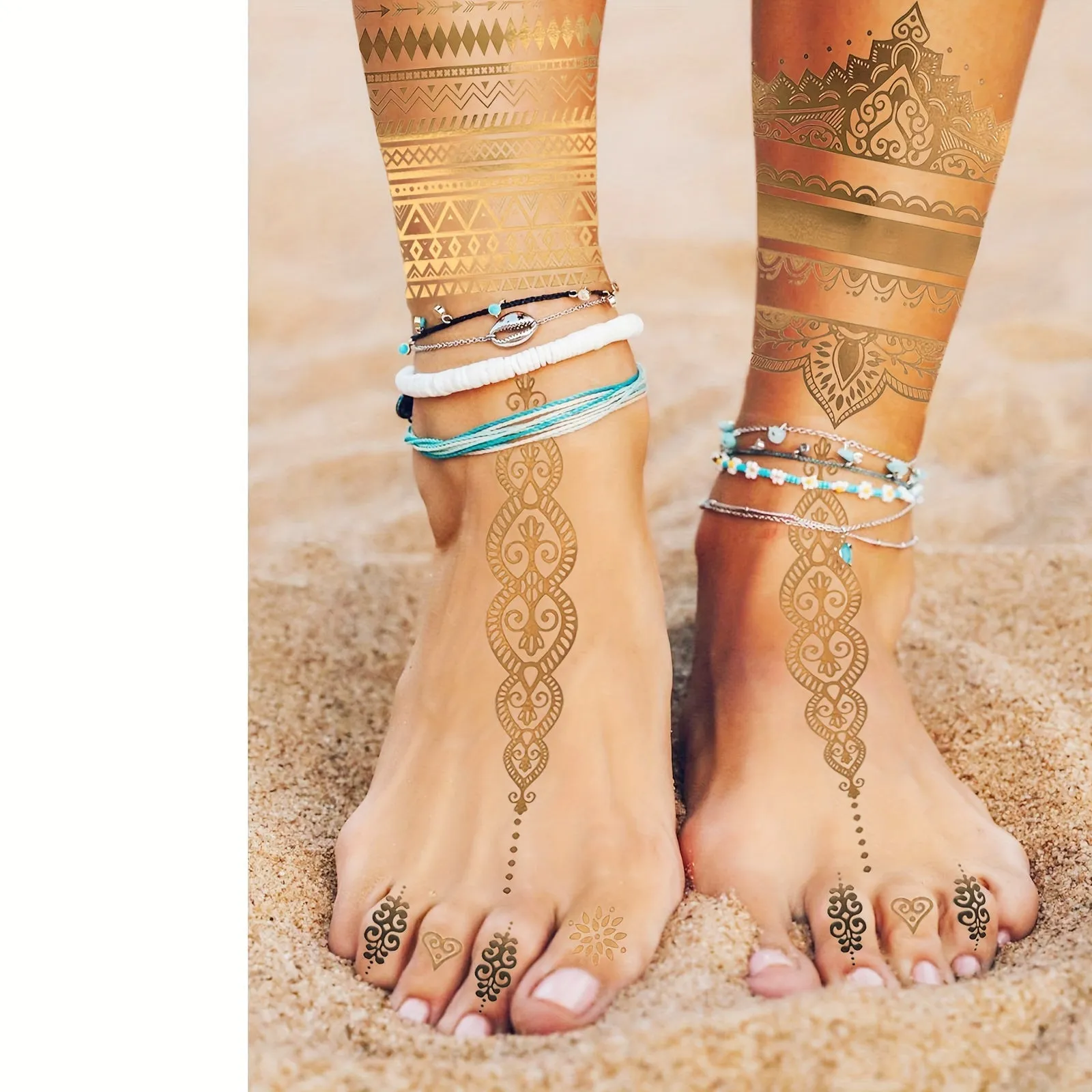 Metallic Temporary Tattoos in Golden - Waterproof Body Art Decals - 9-Sheet