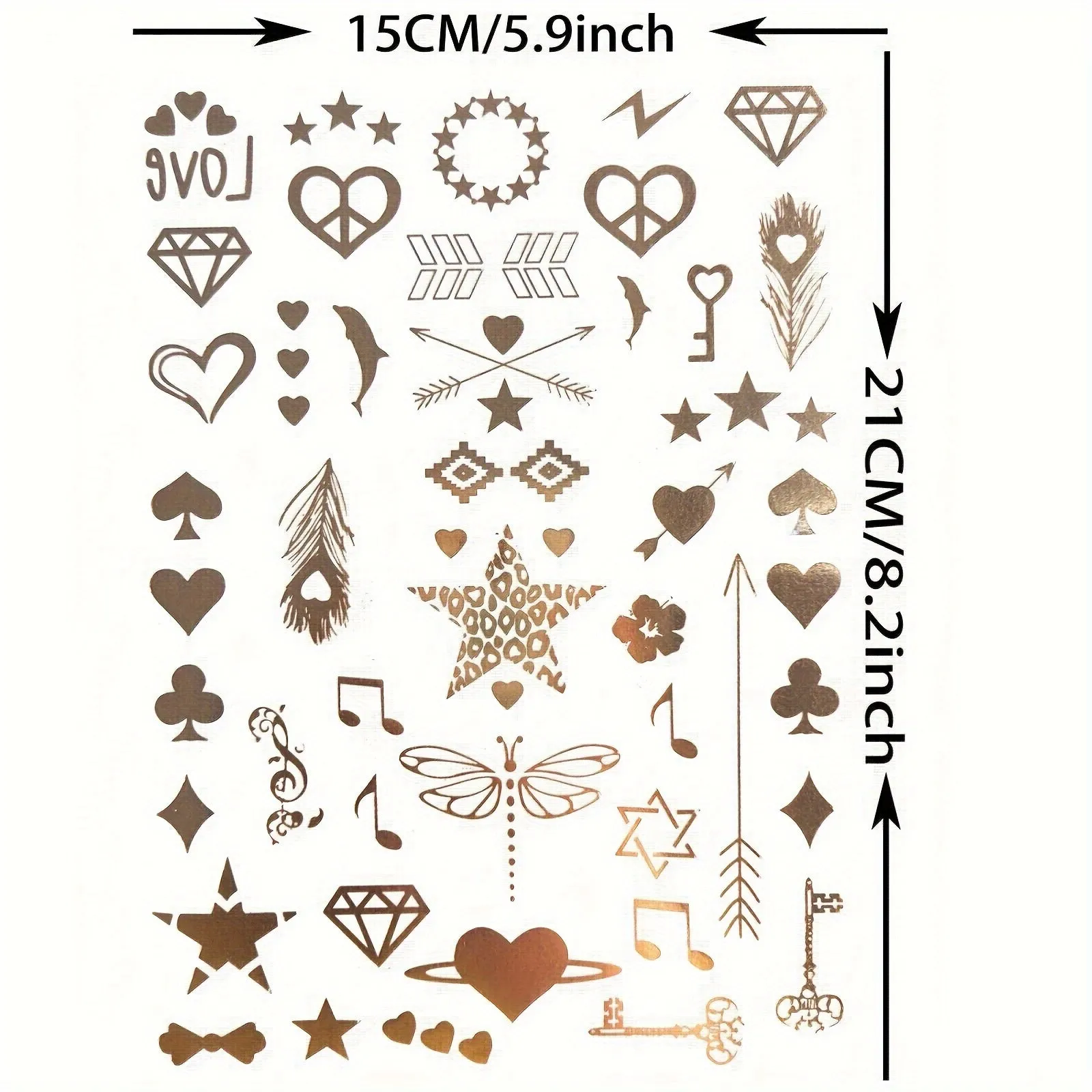 Metallic Temporary Tattoos in Golden - Waterproof Body Art Decals - 9-Sheet