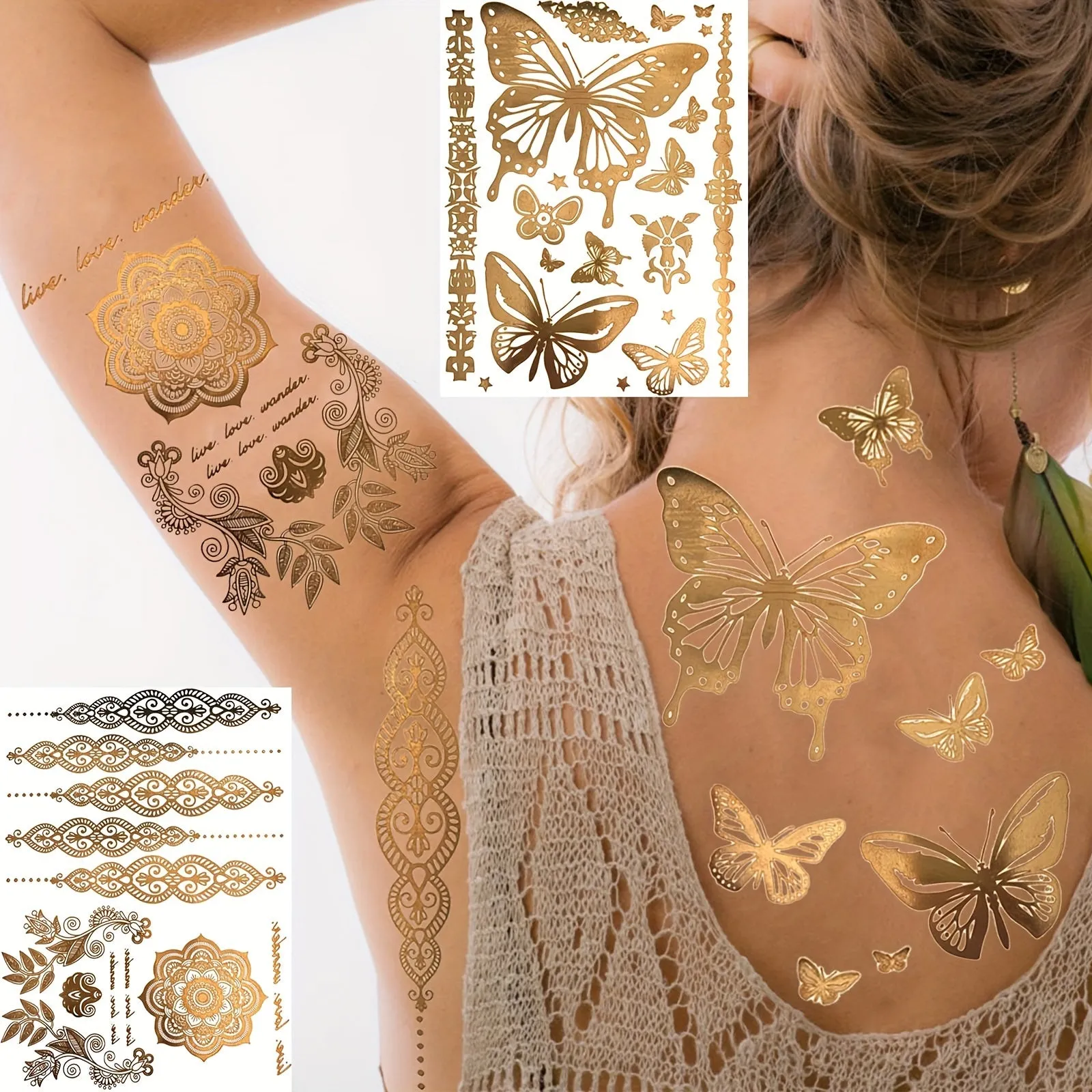Metallic Temporary Tattoos in Golden - Waterproof Body Art Decals - 9-Sheet