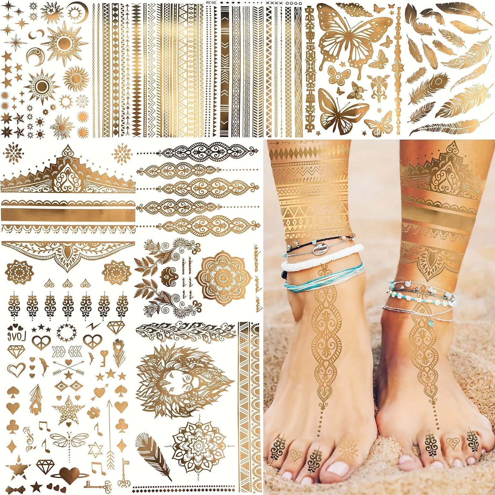 Metallic Temporary Tattoos in Golden - Waterproof Body Art Decals - 9-Sheet