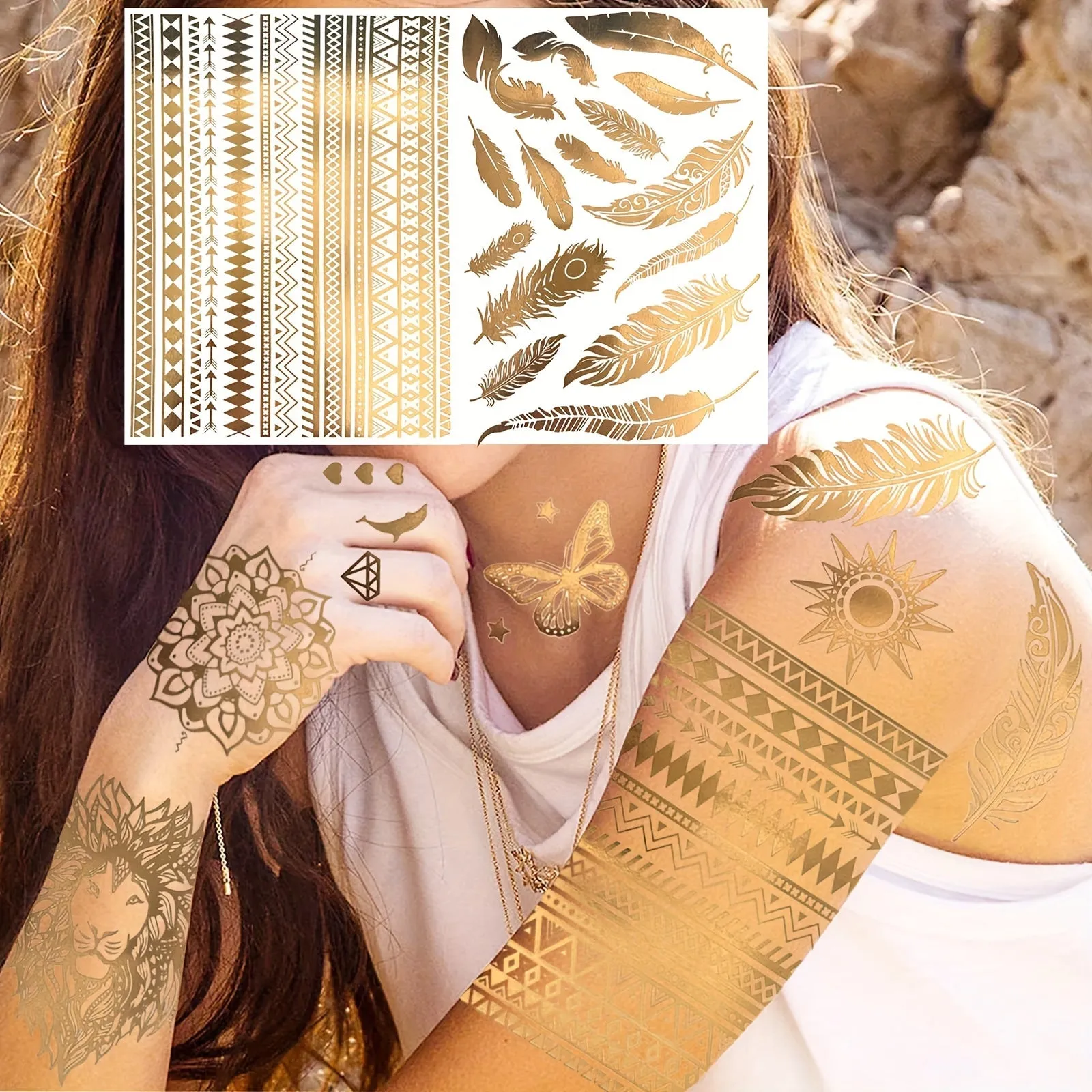 Metallic Temporary Tattoos in Golden - Waterproof Body Art Decals - 9-Sheet