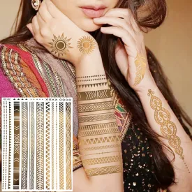 Metallic Temporary Tattoos in Golden - Waterproof Body Art Decals - 9-Sheet