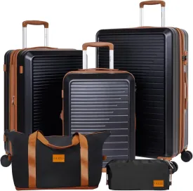 OUZZO 5 Piece Luggage Set with Spinner Wheels, Expandable Carry On Luggage, TSA Lock, PC Hardshell Suitcase Set 20/24/28 Inch for Travel, Business,Black