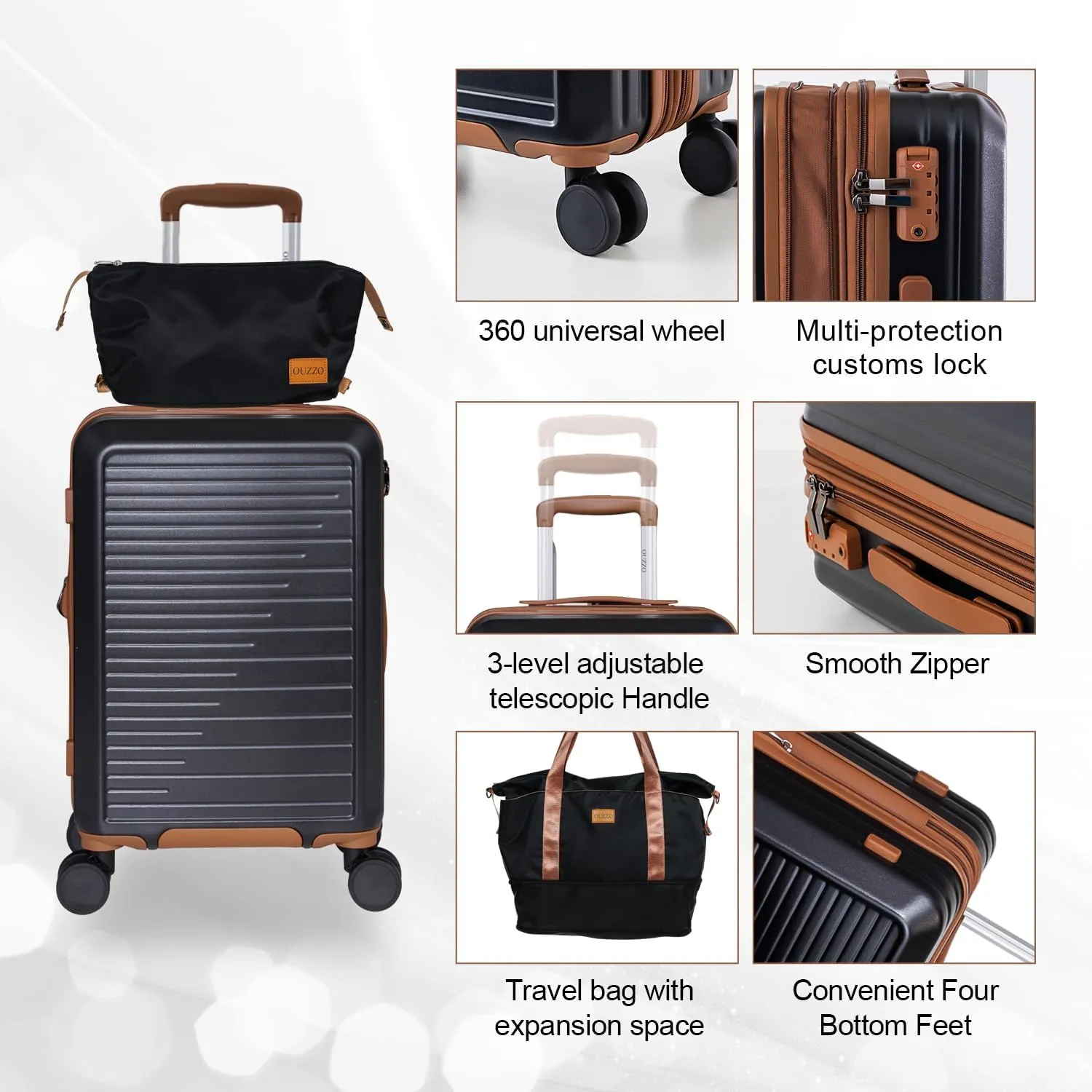 OUZZO 5 Piece Luggage Set with Spinner Wheels, Expandable Carry On Luggage, TSA Lock, PC Hardshell Suitcase Set 20/24/28 Inch for Travel, Business,Black