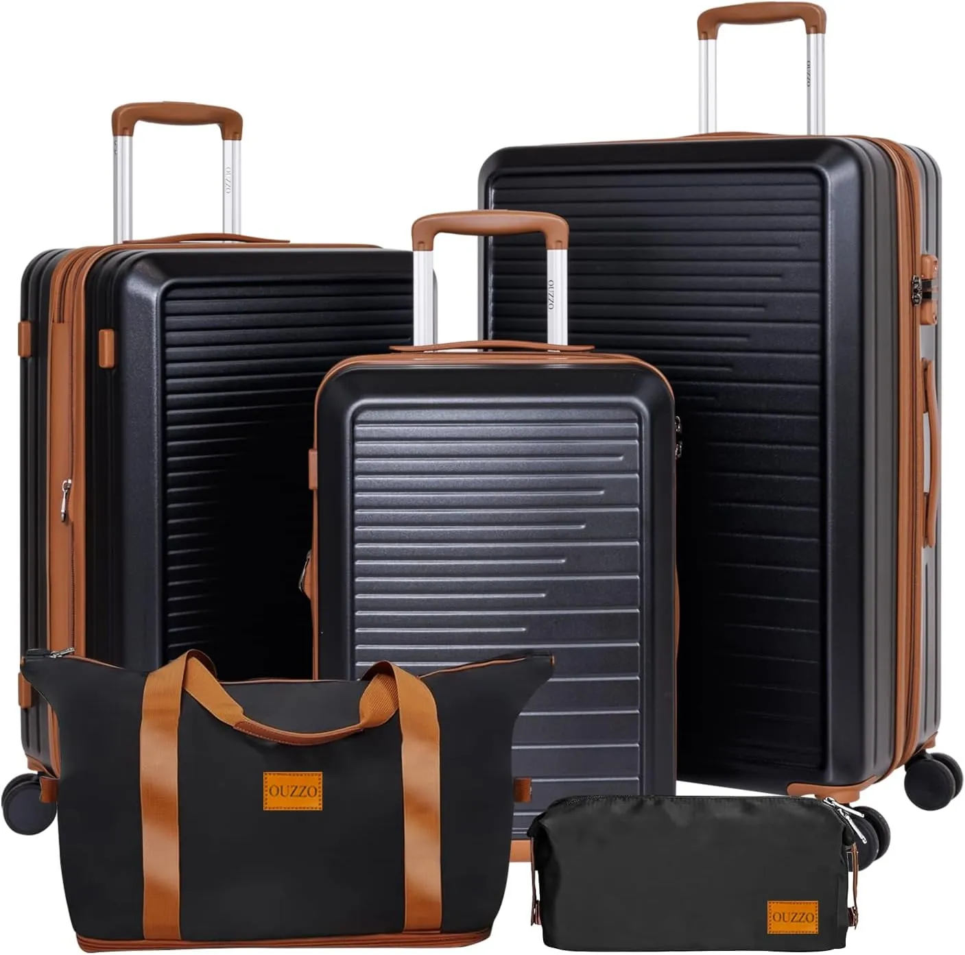 OUZZO 5 Piece Luggage Set with Spinner Wheels, Expandable Carry On Luggage, TSA Lock, PC Hardshell Suitcase Set 20/24/28 Inch for Travel, Business,Black