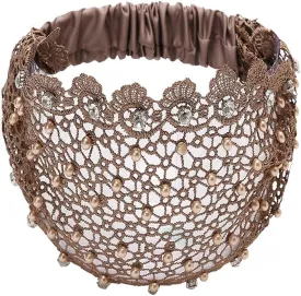 Retro Wide Rhinestone Cover Headband Hair Band Headdress Rhinestone Cover Head Pearl Headwear for Women(Coffee)