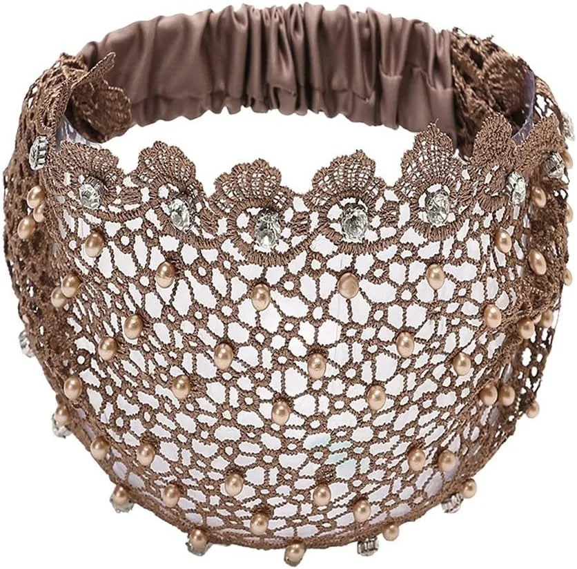 Retro Wide Rhinestone Cover Headband Hair Band Headdress Rhinestone Cover Head Pearl Headwear for Women(Coffee)