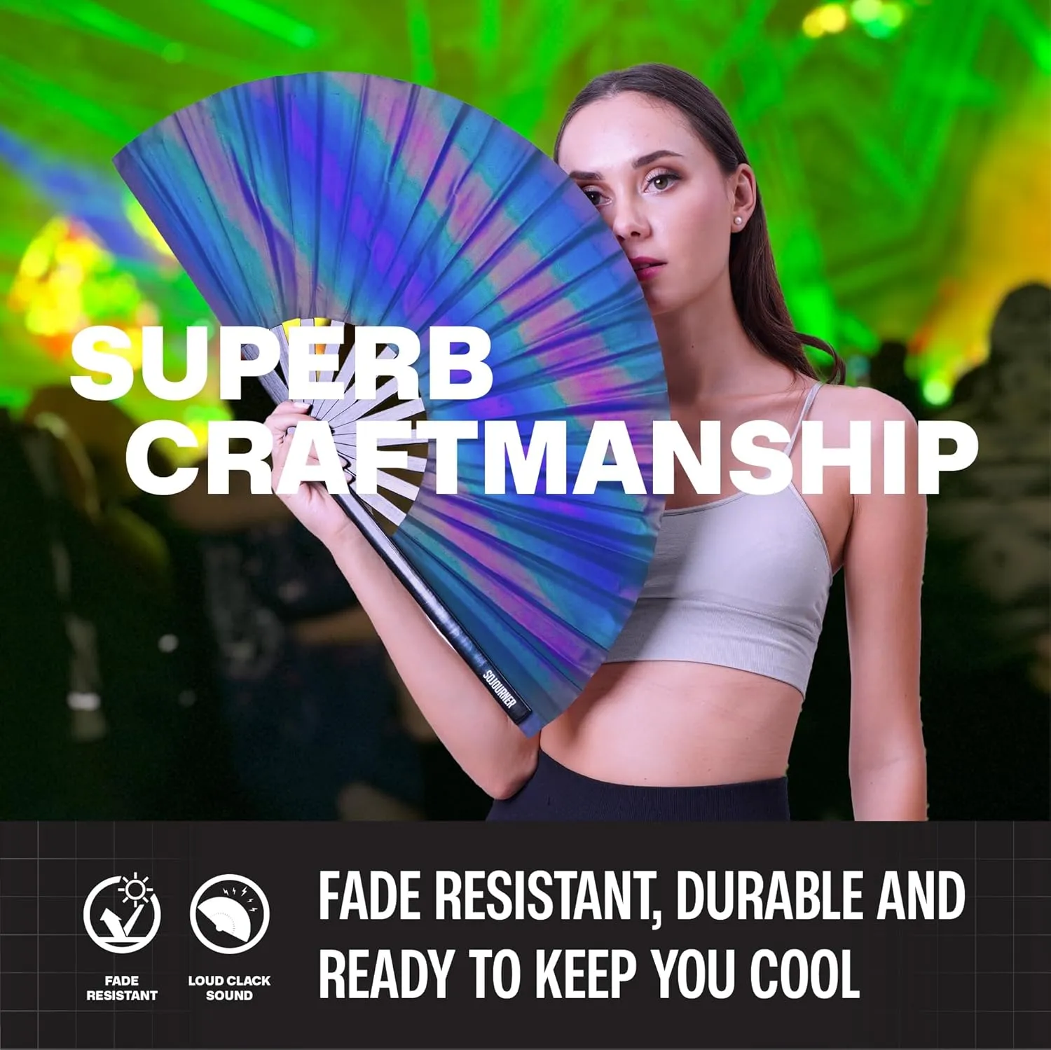 SoJourner Bags Rave Fan - Large Folding Fan - Clack Fan Hand Fan for Raves, Halloween, Burlesque, Rainbow Outfits for Women & Festival Accessories