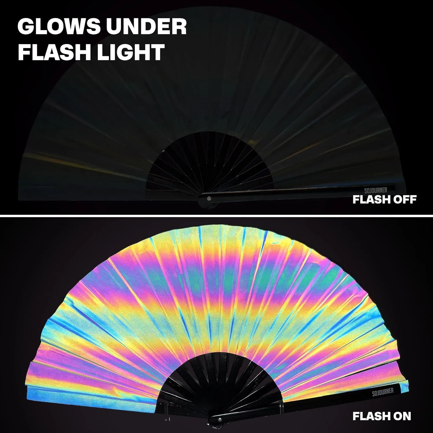 SoJourner Bags Rave Fan - Large Folding Fan - Clack Fan Hand Fan for Raves, Halloween, Burlesque, Rainbow Outfits for Women & Festival Accessories
