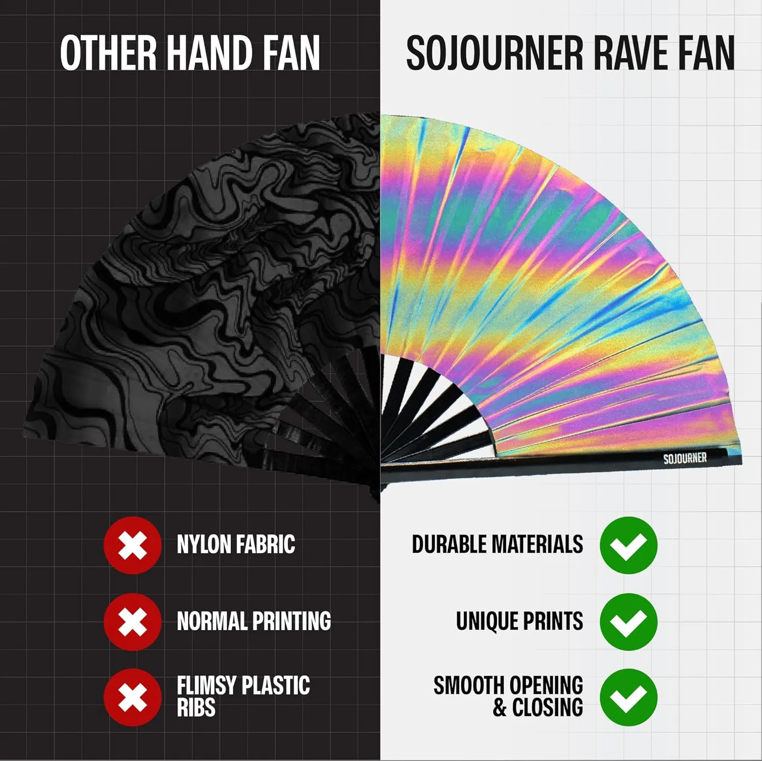 SoJourner Bags Rave Fan - Large Folding Fan - Clack Fan Hand Fan for Raves, Halloween, Burlesque, Rainbow Outfits for Women & Festival Accessories