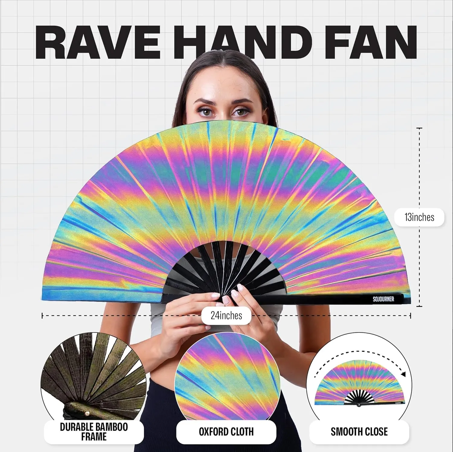 SoJourner Bags Rave Fan - Large Folding Fan - Clack Fan Hand Fan for Raves, Halloween, Burlesque, Rainbow Outfits for Women & Festival Accessories