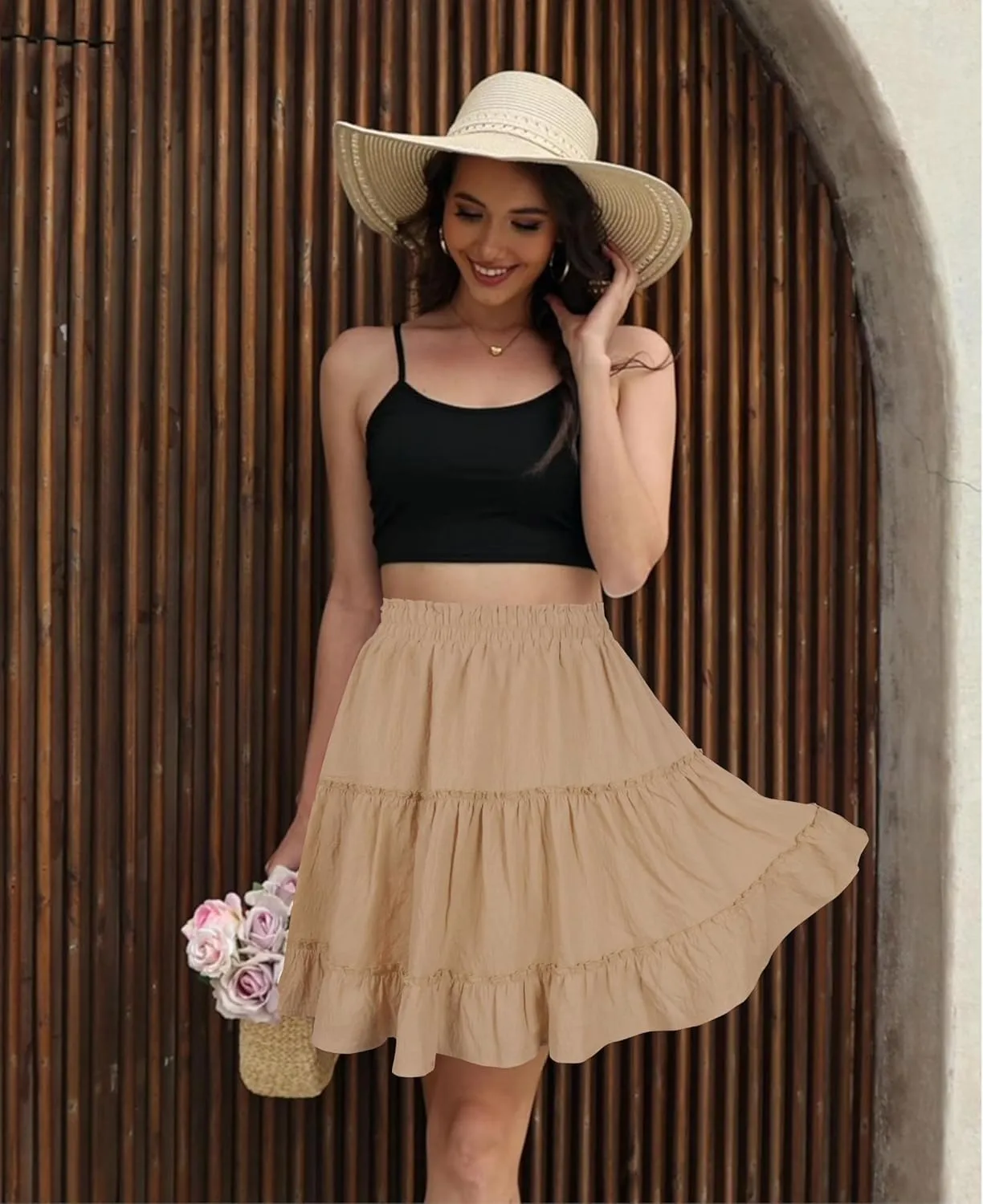 Summer Skirts for Women 2025 Vacation Cotton Ruffle Elastic Waist A-Line Casual Short Skirt