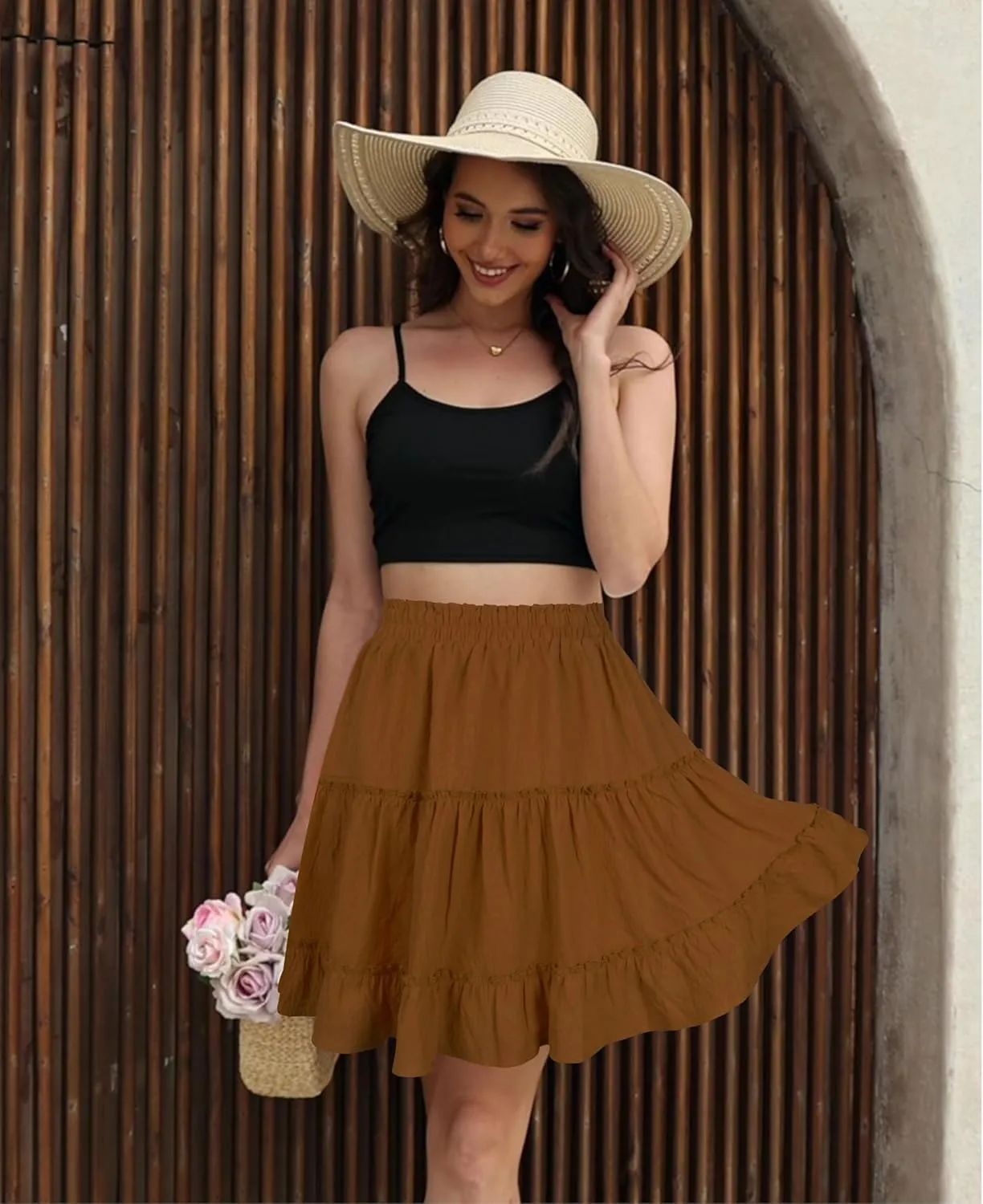 Summer Skirts for Women 2025 Vacation Cotton Ruffle Elastic Waist A-Line Casual Short Skirt