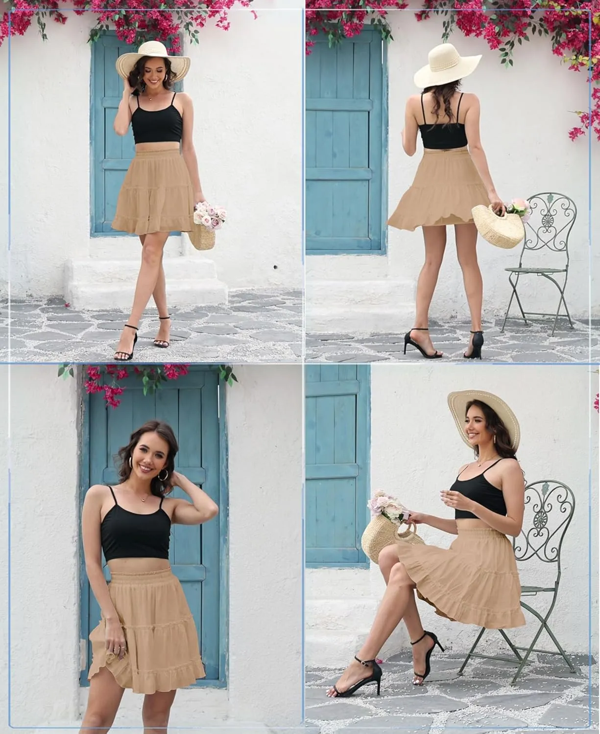 Summer Skirts for Women 2025 Vacation Cotton Ruffle Elastic Waist A-Line Casual Short Skirt