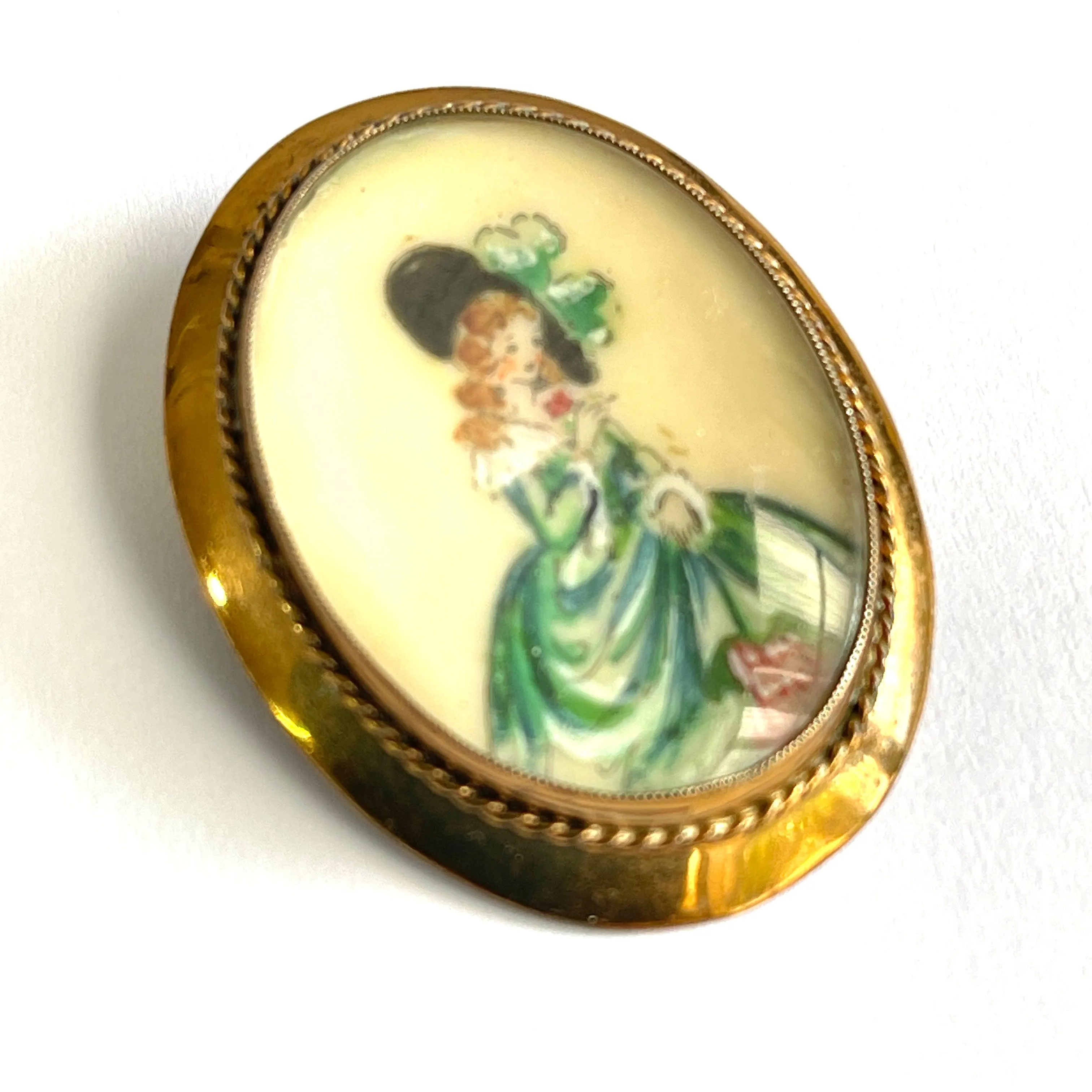 T L Mott 1930's Crinoline Lady Hand Painted Brooch