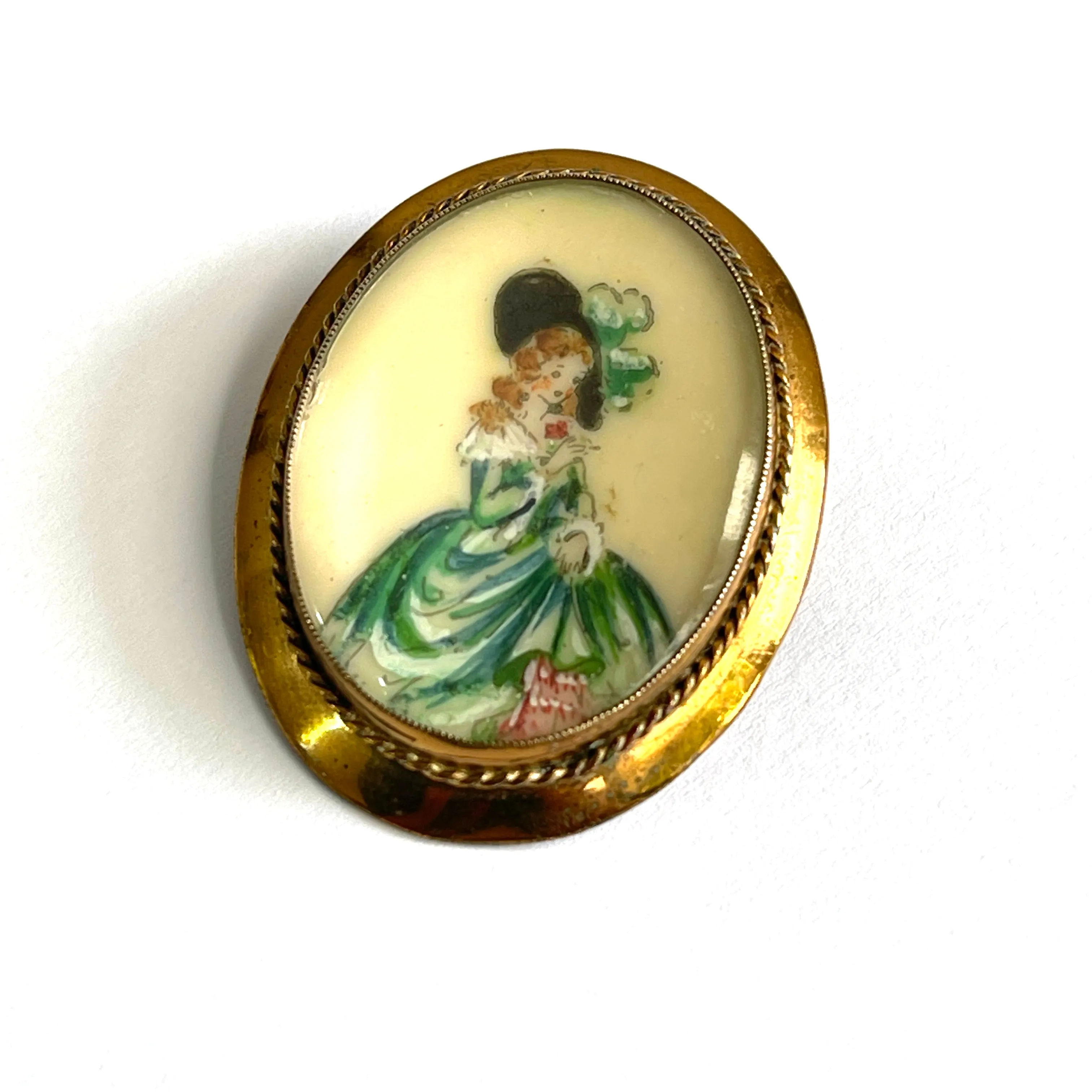 T L Mott 1930's Crinoline Lady Hand Painted Brooch