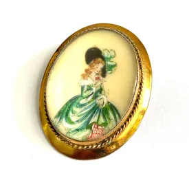 T L Mott 1930's Crinoline Lady Hand Painted Brooch