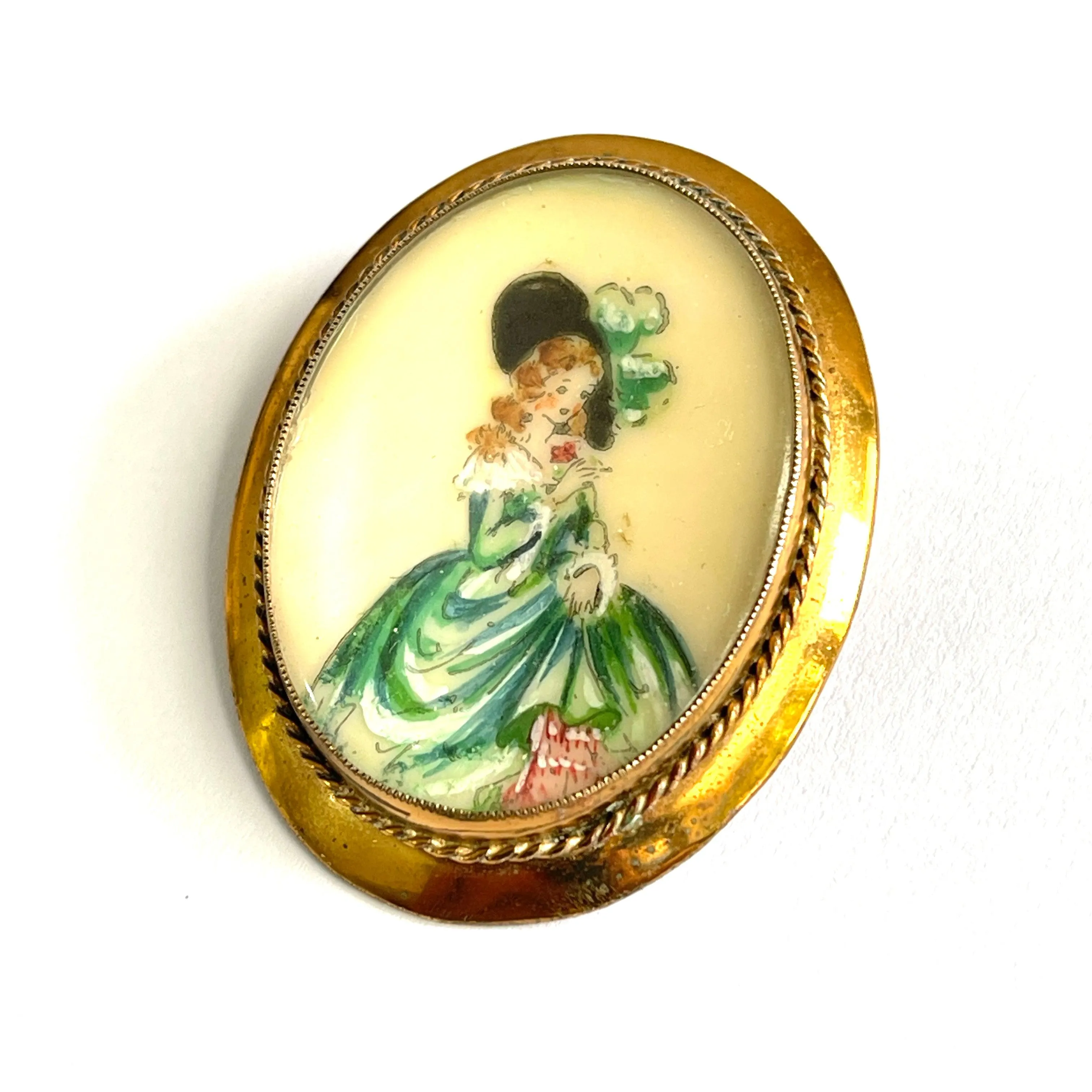 T L Mott 1930's Crinoline Lady Hand Painted Brooch