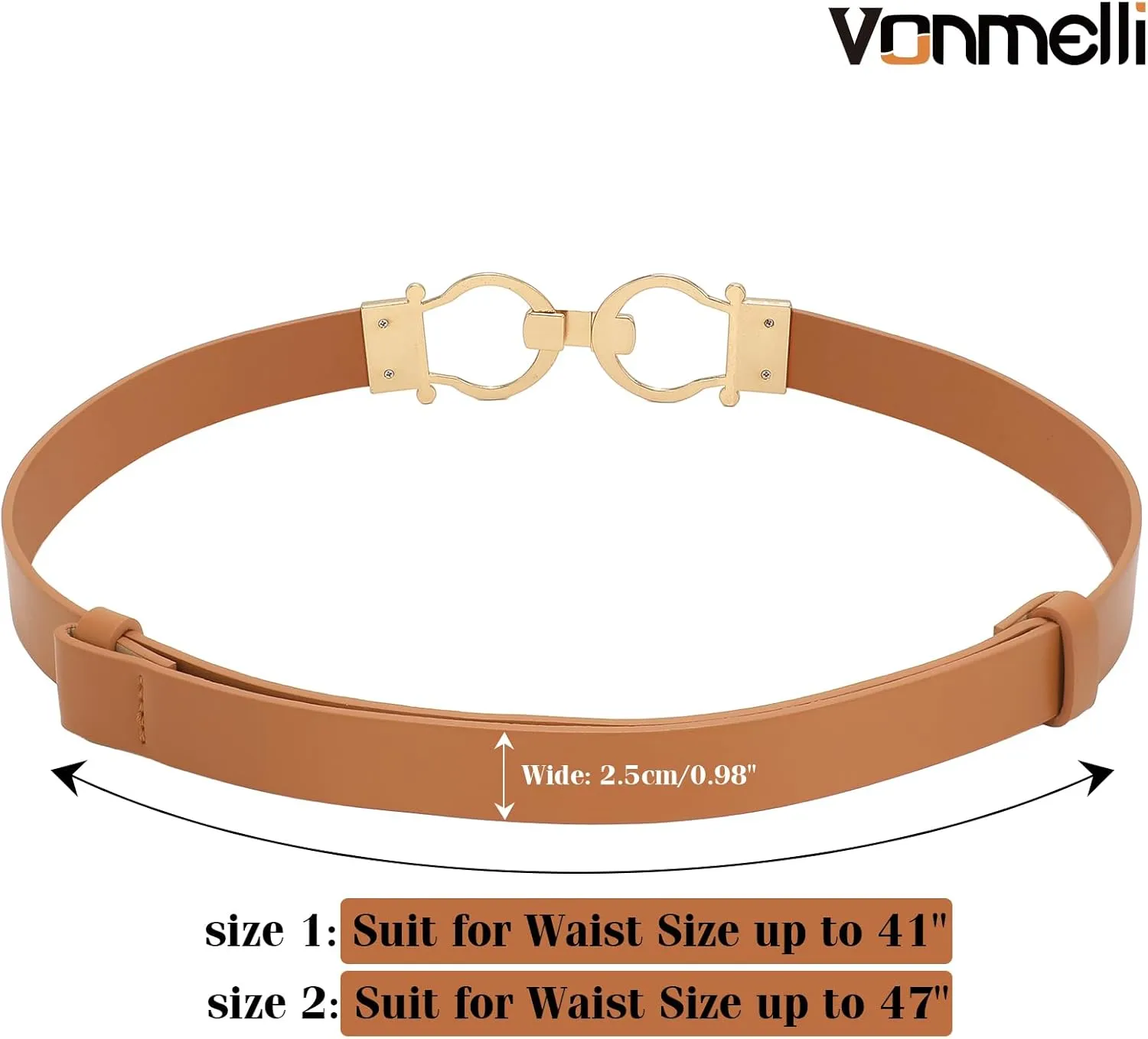 VONMELLI 2 Pack Women's Leather Belts for Jeans Dress Pants Ladies Waist Belt Skinny Belt with Fashion Gold Buckle