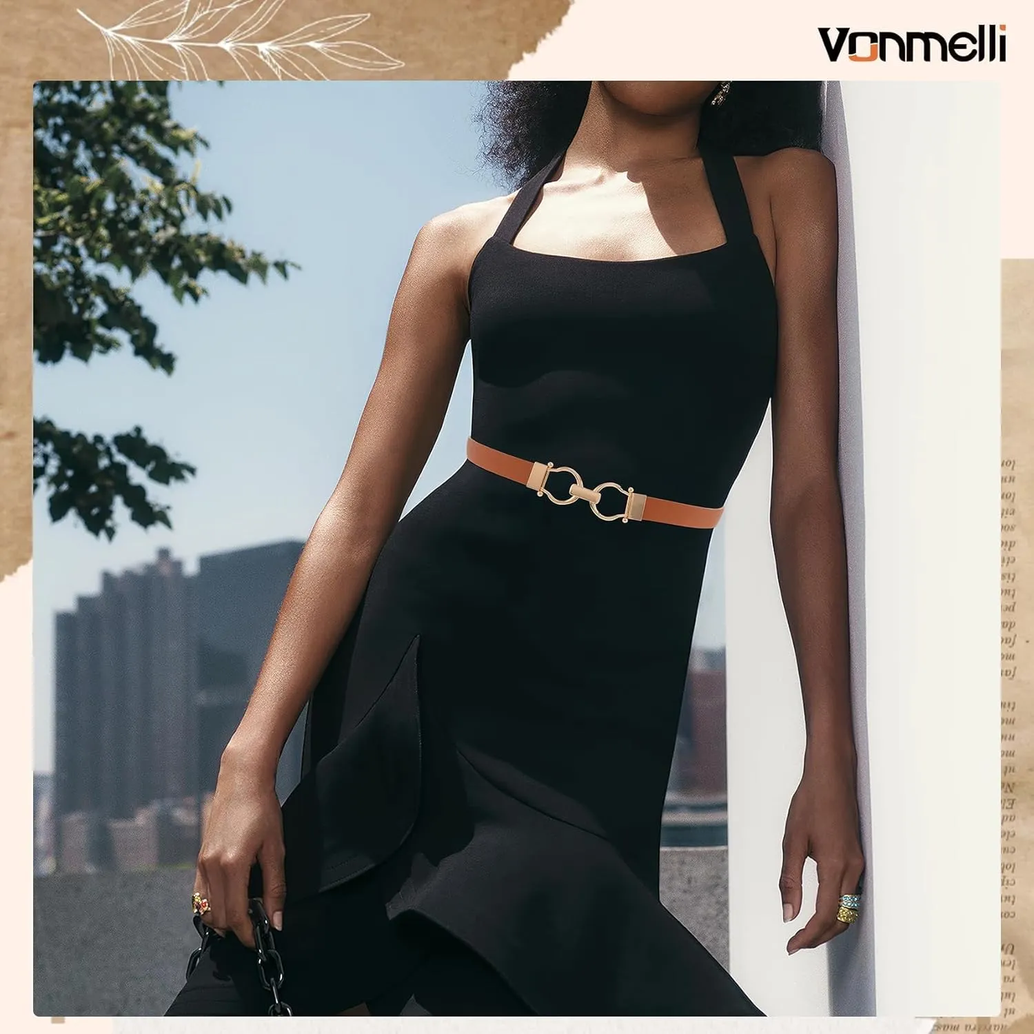VONMELLI 2 Pack Women's Leather Belts for Jeans Dress Pants Ladies Waist Belt Skinny Belt with Fashion Gold Buckle