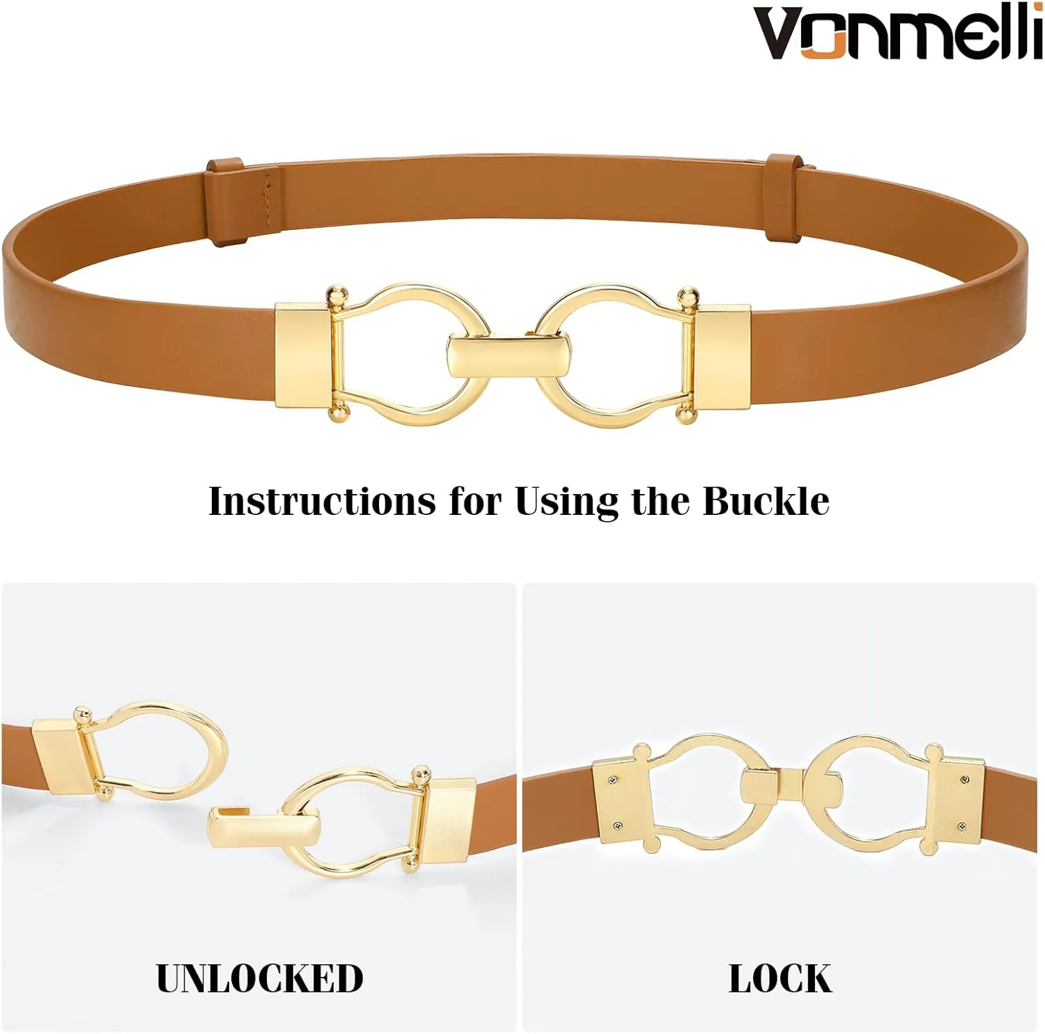VONMELLI 2 Pack Women's Leather Belts for Jeans Dress Pants Ladies Waist Belt Skinny Belt with Fashion Gold Buckle