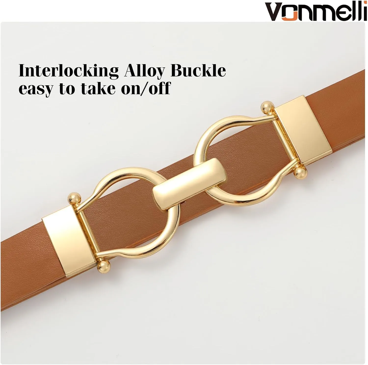 VONMELLI 2 Pack Women's Leather Belts for Jeans Dress Pants Ladies Waist Belt Skinny Belt with Fashion Gold Buckle