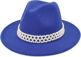 Womens Wide Brim Fedora Hat with Pearl Band Lady Panama Hat