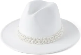 Womens Wide Brim Fedora Hat with Pearl Band Lady Panama Hat